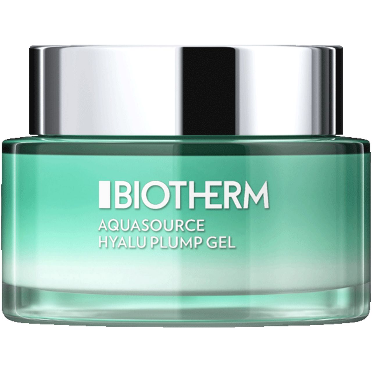 Glasbehälter mit silbernem Deckel. Aufschrift: BIOTHERM, AQUASOURCE HYALU PLUMP GEL.