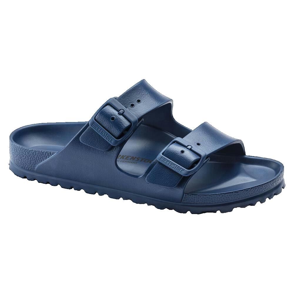 Sandalo blu con due cinturini e fibbie. Marchio Birkenstock. Vista laterale.