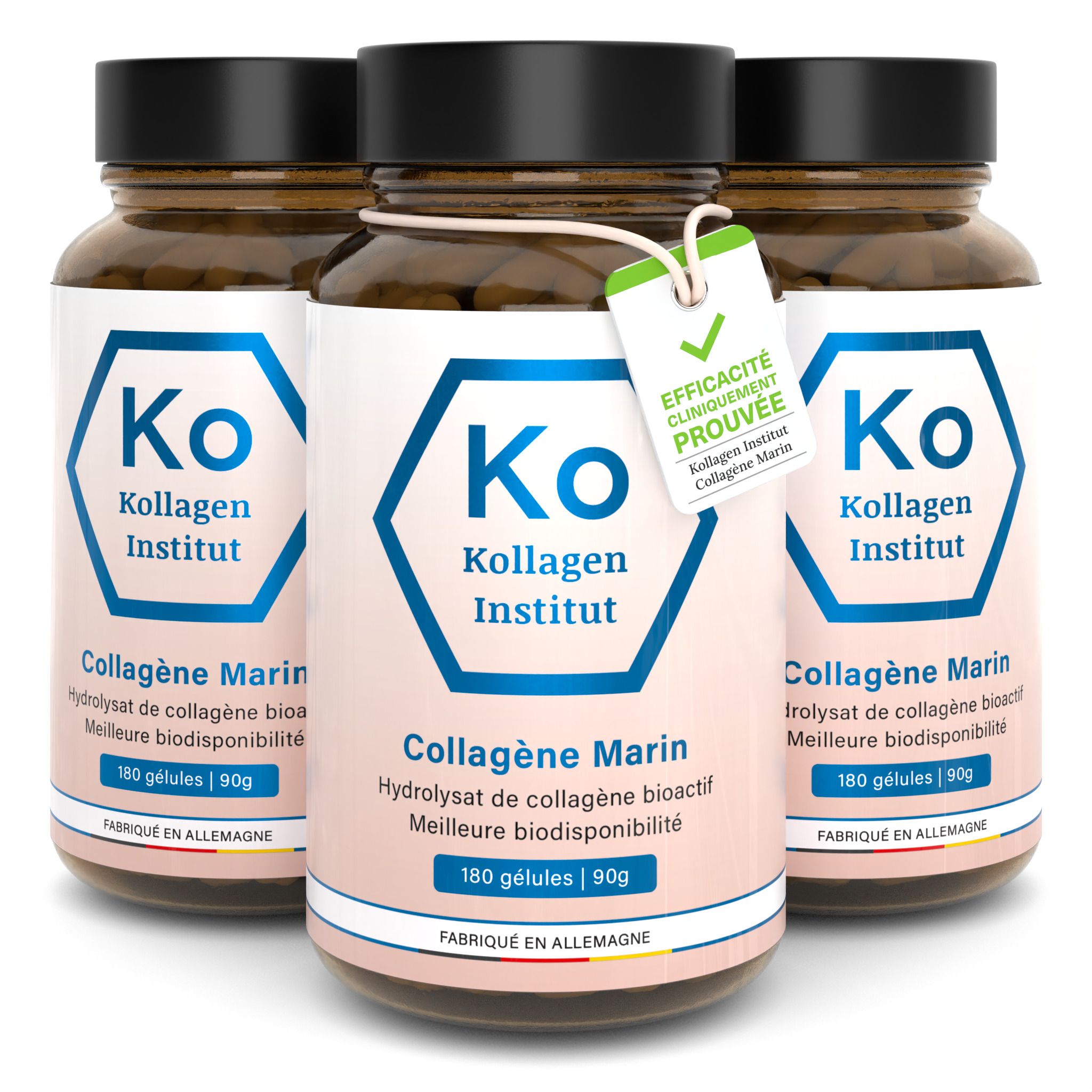 Tre bottiglie marroni con etichette bianche. Scritta: Ko Kollagen Institut Collagène Marin. 180 capsule | 90g. 'Efficacia clinicamente provata'.