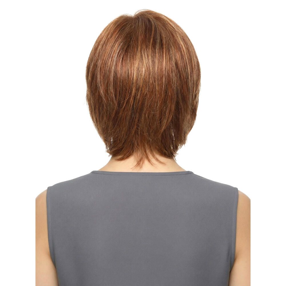 Perücke mit braun-roten Haaren. Rückansicht. Mittellange, gestufte Frisur.