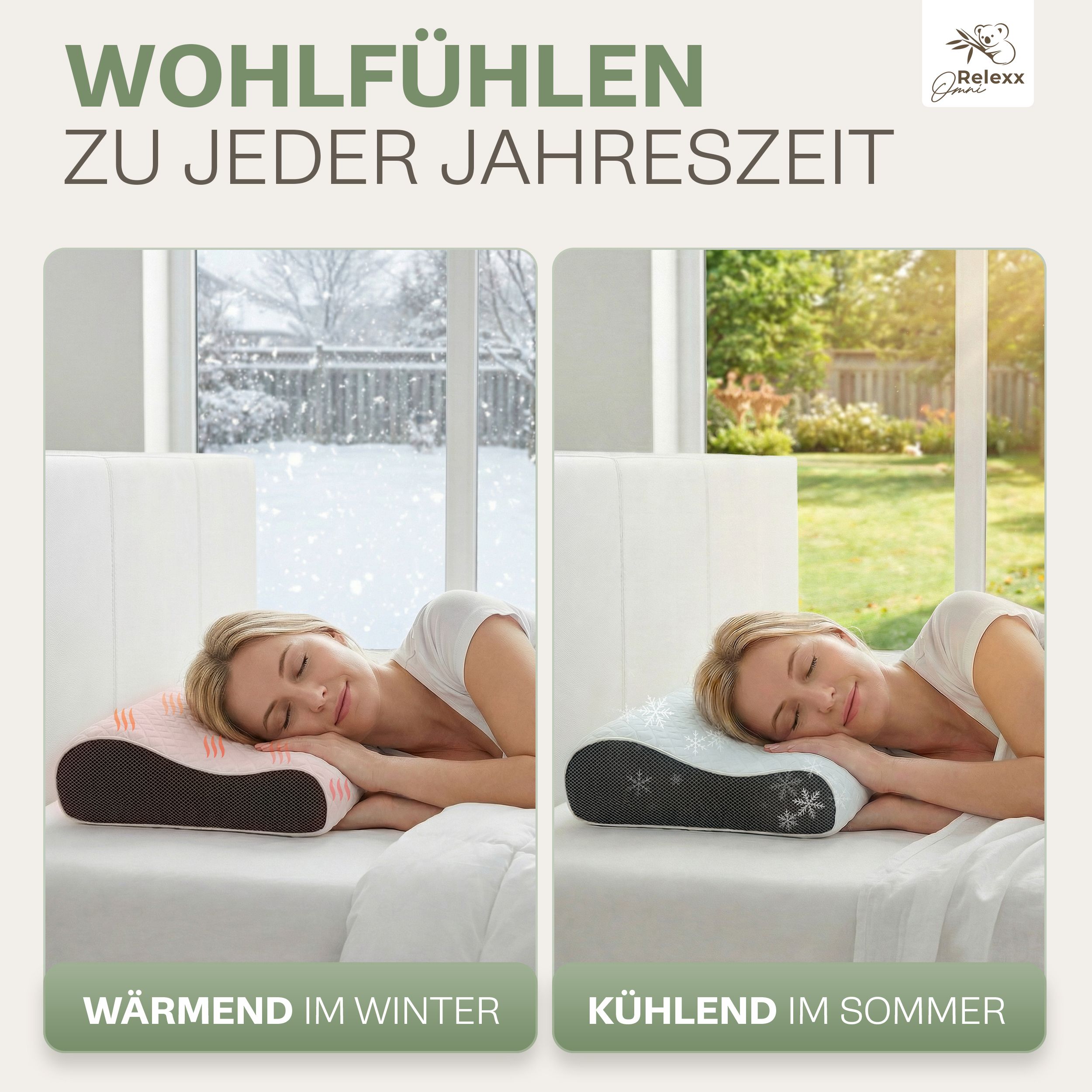 Frau schläft auf Kissen. Text: Wohlfühlen zu jeder Jahreszeit. Kissen mit Winter- und Sommerdesign. Text: Wärmend im Winter, kühlend im Sommer.
