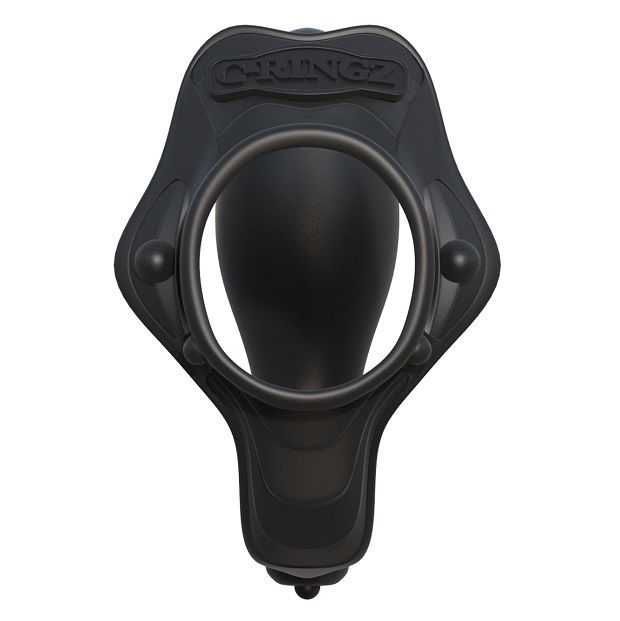 Schwarzer C-Ring mit externem Vibrationsbullet und analerilage, Vorderansicht.