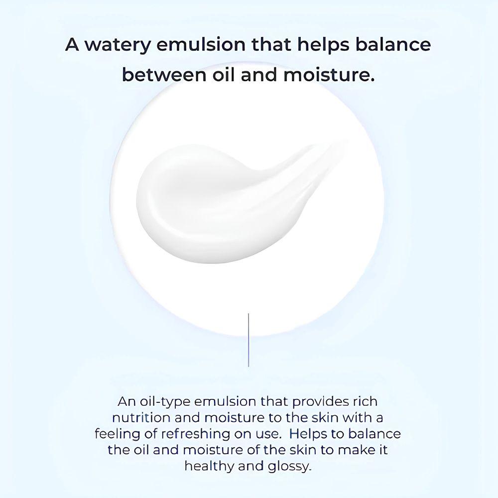 Nahaufnahme einer weißen Emulsion auf einem weißen Kreis. Text: Eine wässrige Emulsion, die hilft, das Gleichgewicht zwischen Öl und Feuchtigkeit herzustellen.
