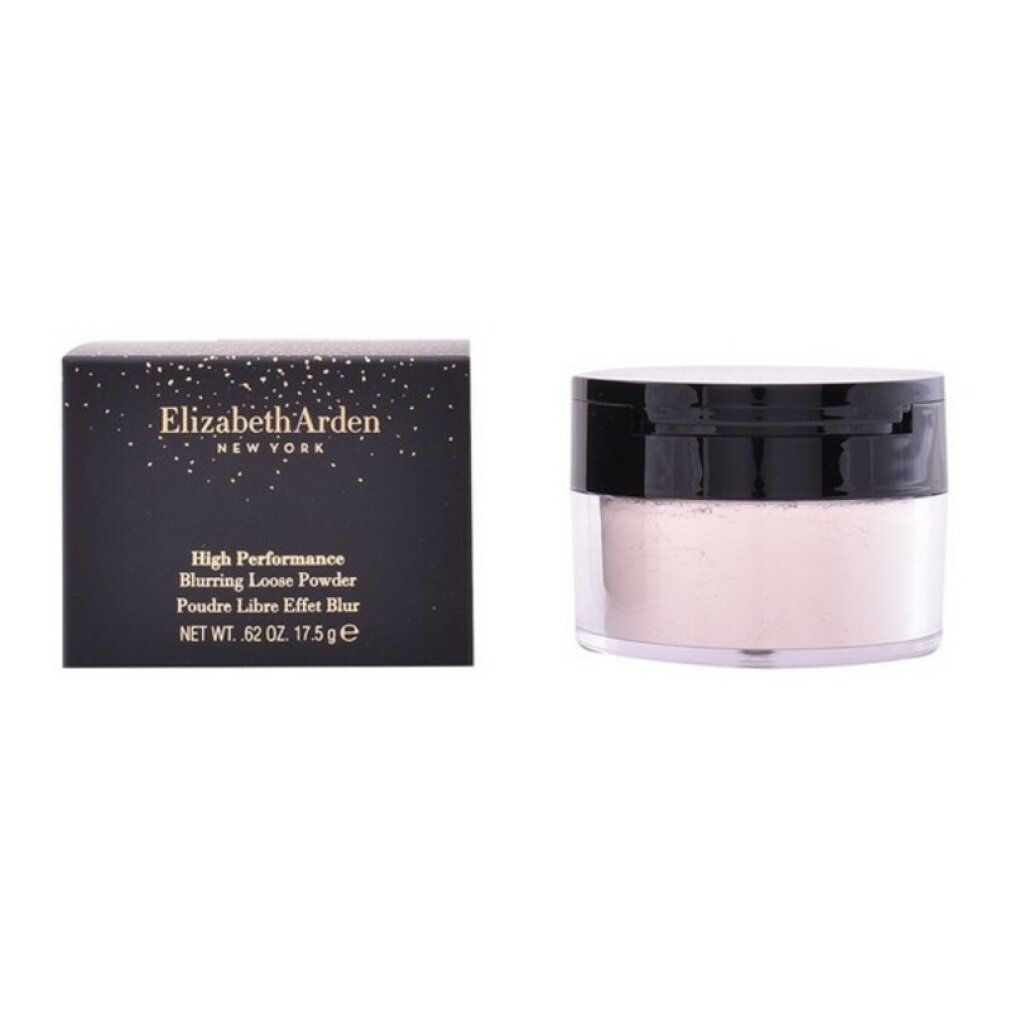 Transparenter loser Puder und Verpackung. Schwarze Schachtel mit Markennamen und Produktbezeichnung. Transparenter Behälter.