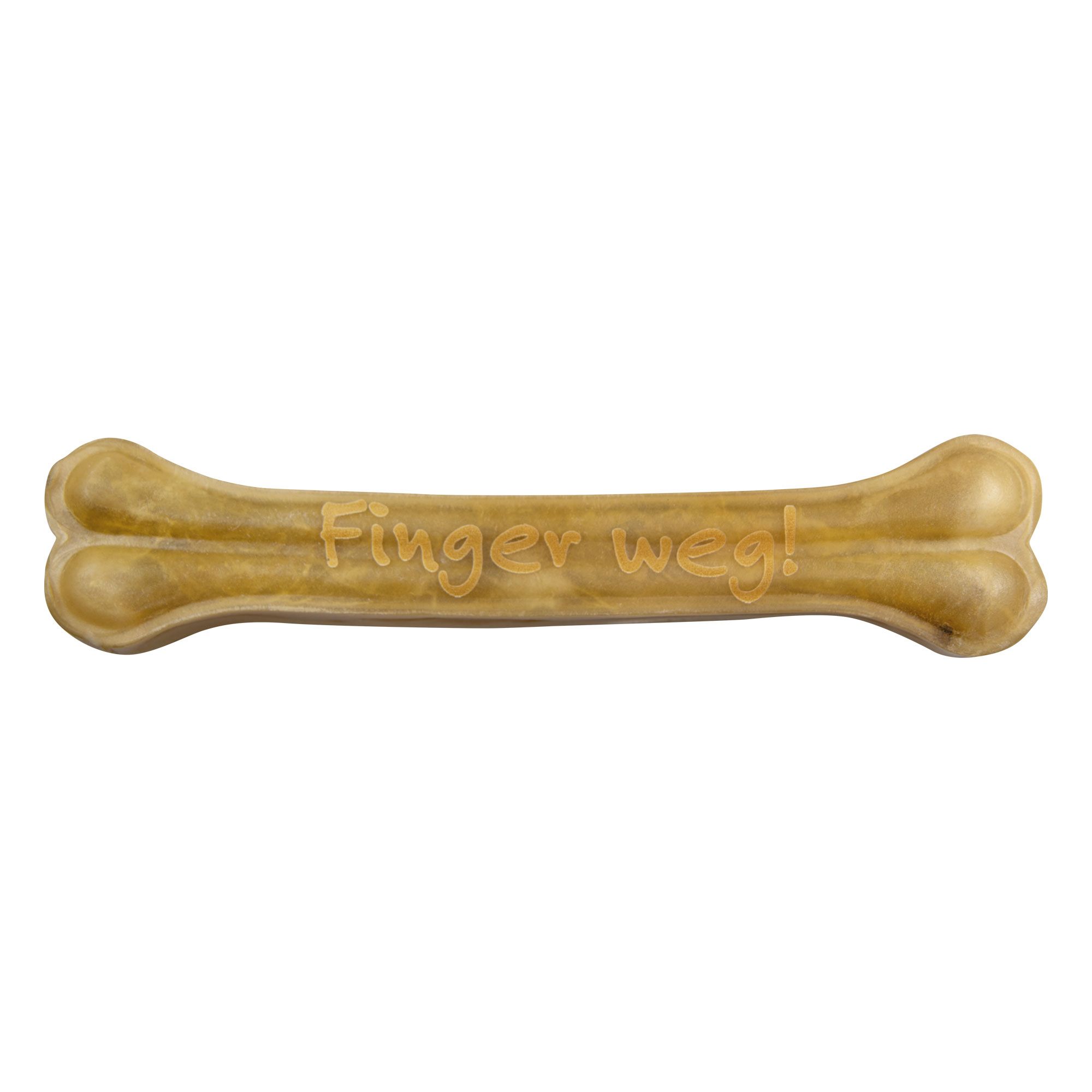 Beigefarbener Kauknochen mit Gravur "Finger weg!". Knochenförmig mit verdickten Enden.