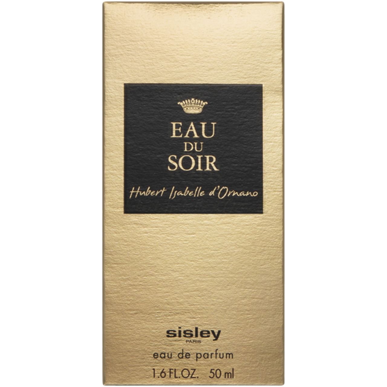 Goldfarbene Verpackung mit schwarzem Etikett. Aufschrift: Eau du Soir, Hubert Isabelle d'Ornano. Sisley Paris, Eau de parfum.