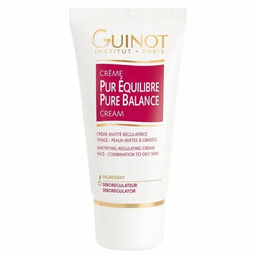 Weiße Tube mit rotem Etikett. Guinot-Logo oben. Text: Crème Pur Équilibre, Pure Balance Cream. Für Mischhaut.