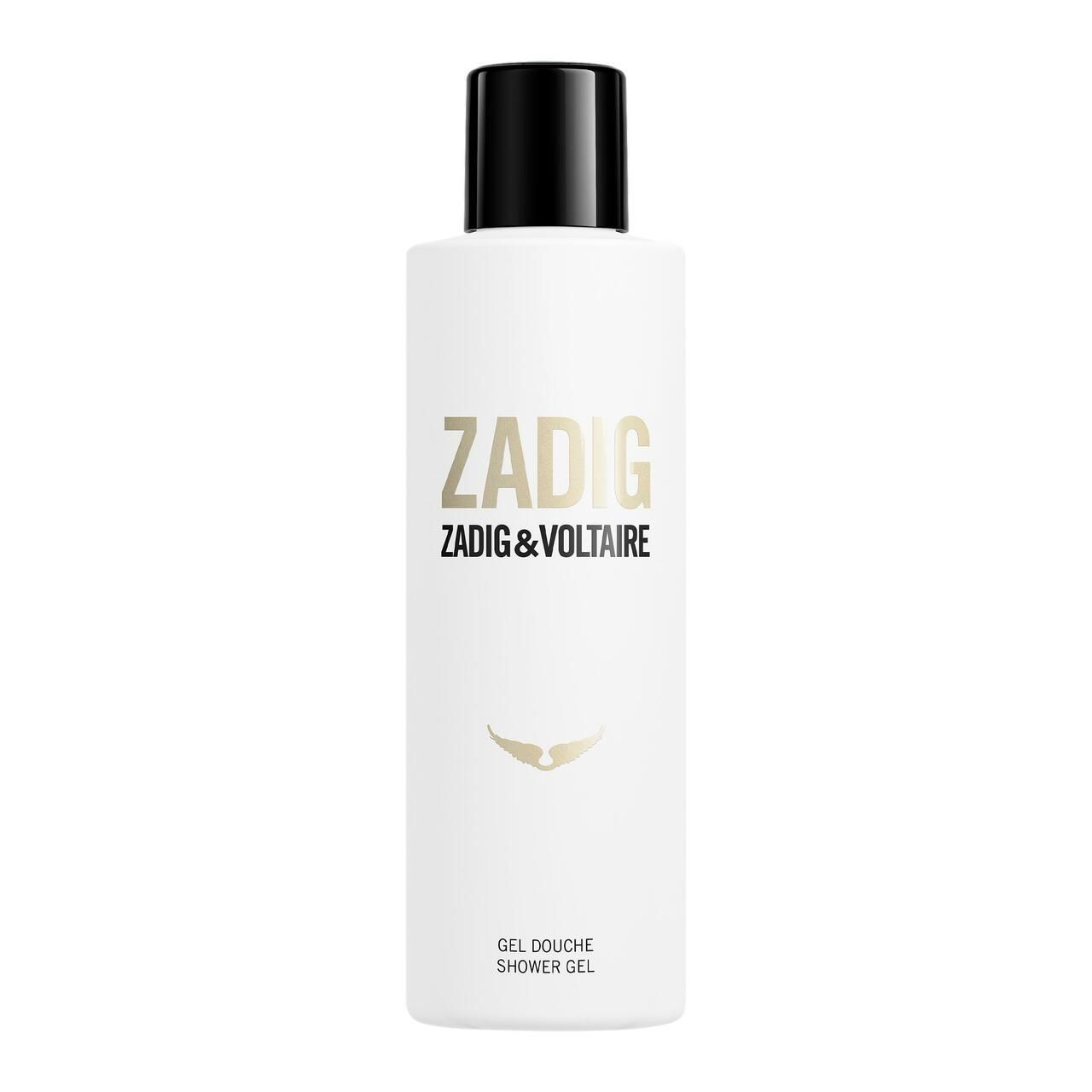 Weißes Duschgel von Zadig & Voltaire mit schwarzem Deckel. Goldener Schriftzug und Logo. "Gel Douche/Shower Gel" steht unten.