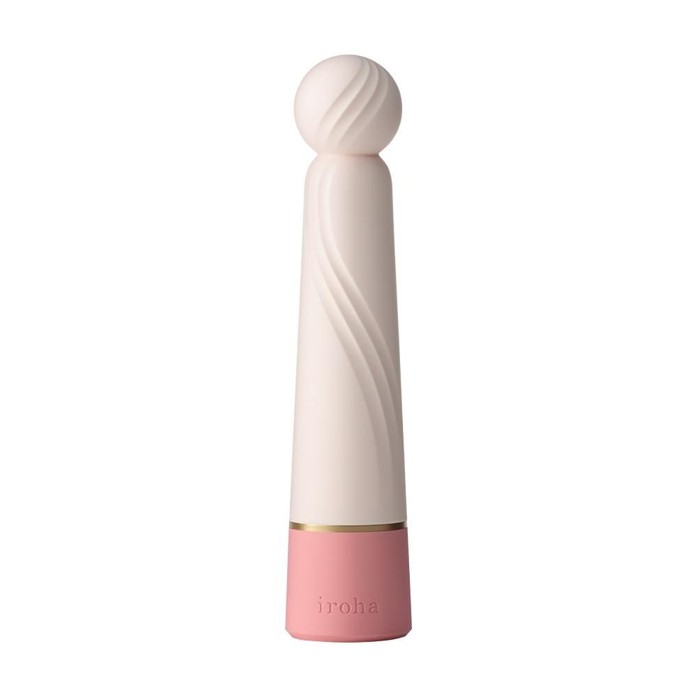 Weiß-rosa Vibrator mit gerillter Oberfläche und rosa Basis. Goldener Ring. iroha-Logo.