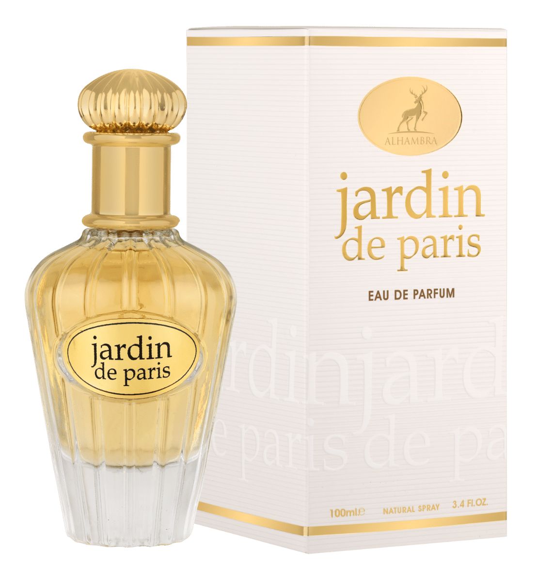 Parfümflakon und Verpackung. Goldfarbener Deckel, Schriftzug "Jardin de Paris". Weiße Verpackung mit Logo.