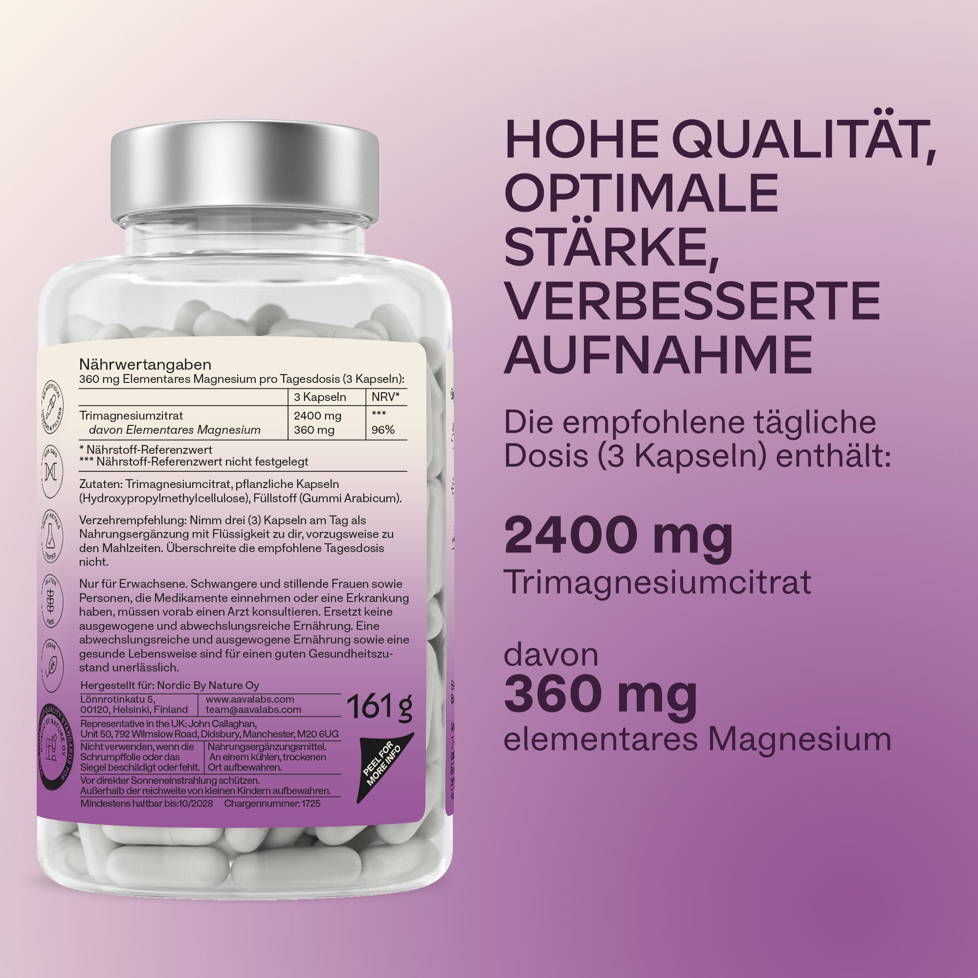 Rückseite einer Flasche Magnesiumcitrat mit Nährwertangaben.