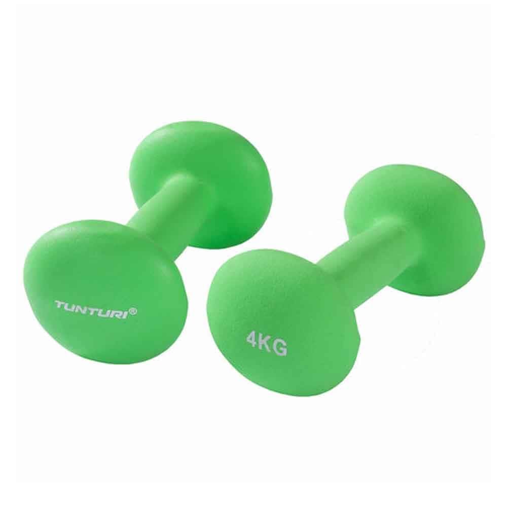 Zwei grüne Kurzhanteln. Auf einer steht "Tunturi", auf der anderen "4KG". Neopren-Hanteln für Fitness-Training.