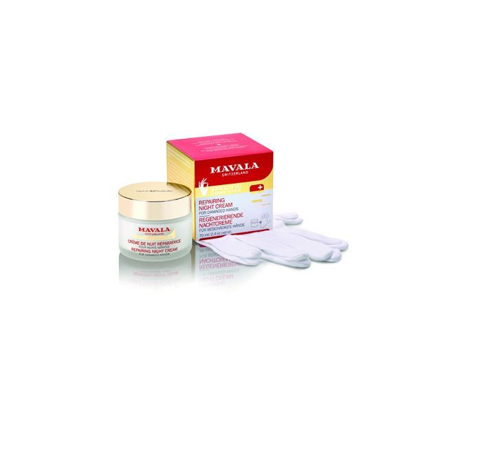 Mavala Regenerierende Nachthandcreme mit Baumwollhandschuhen
