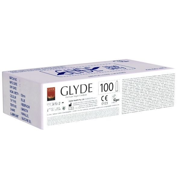 Glyde Ultra *Blueberry* blaue Kondome mit Blaubeer-Aroma, zertifiziert mit der Vegan-Blume