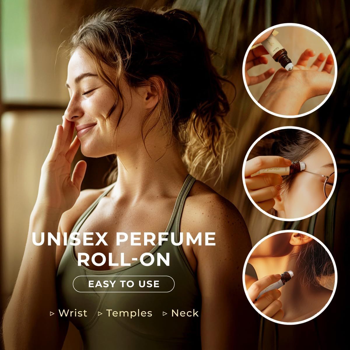 Frau mit Roll-on am Handgelenk, Hals und Schläfen. Text: „Unisex Parfüm Roll-on“. Drei Kreise zeigen die Anwendung.