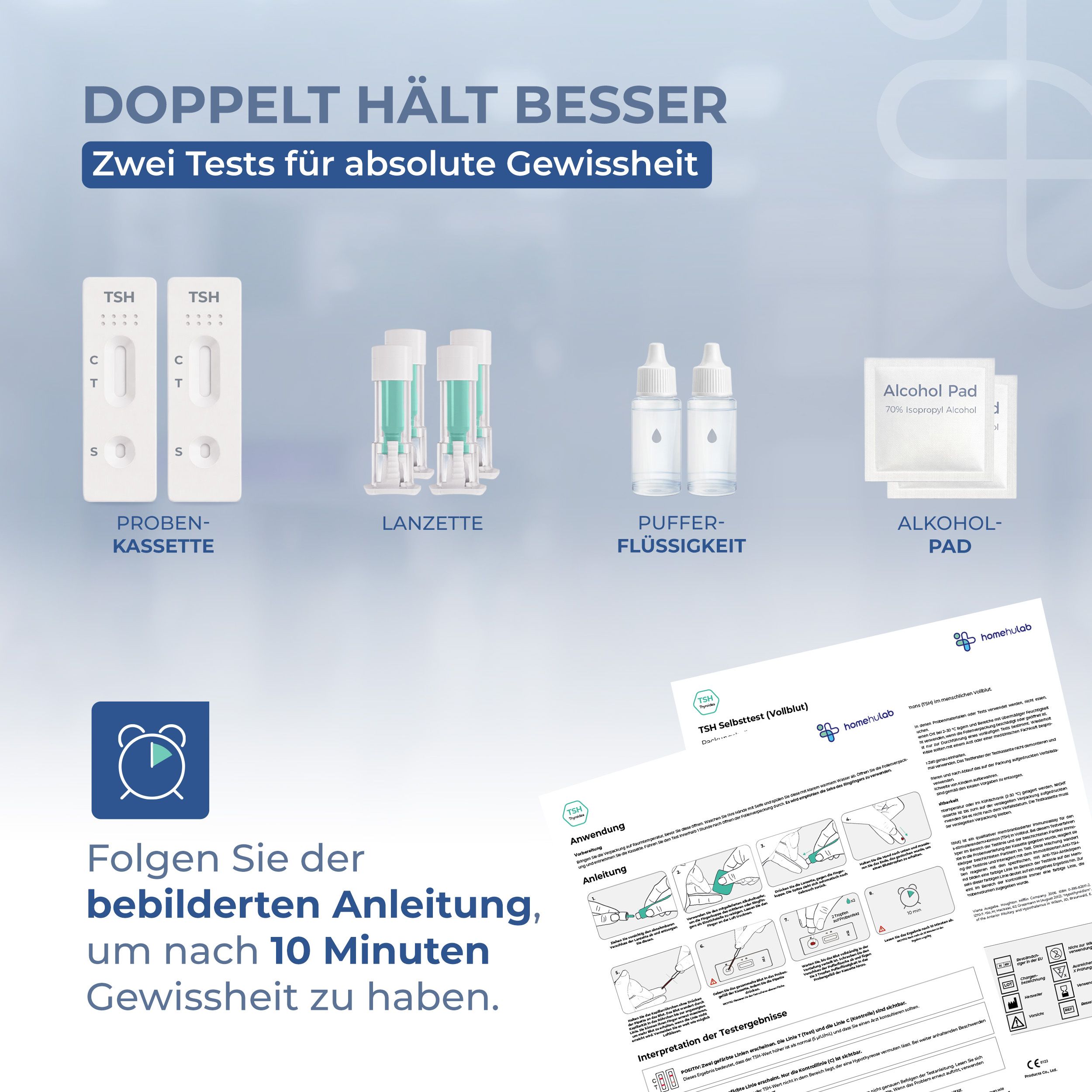 Zwei TSH-Teststreifen, Lanzette, Pufferflüssigkeit, Alkoholpad. Anleitung. Text: 10 Minuten Gewissheit.