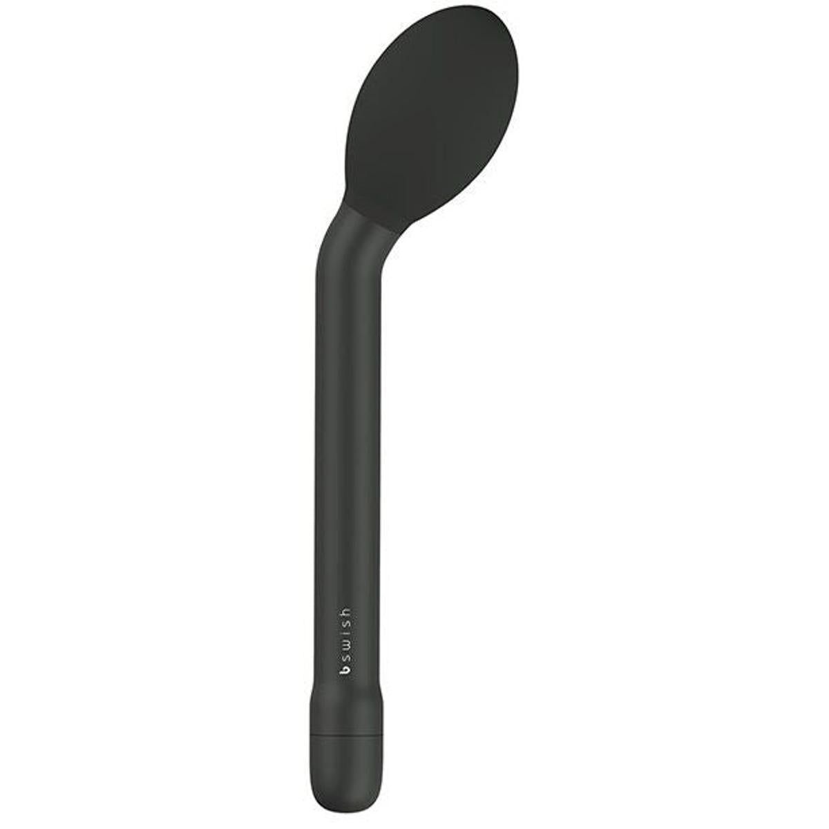 Schwarzer Vibrator mit gebogener Form. Der Kopf ist oval, der Griff zylindrisch. Auf dem Griff steht "bswish".
