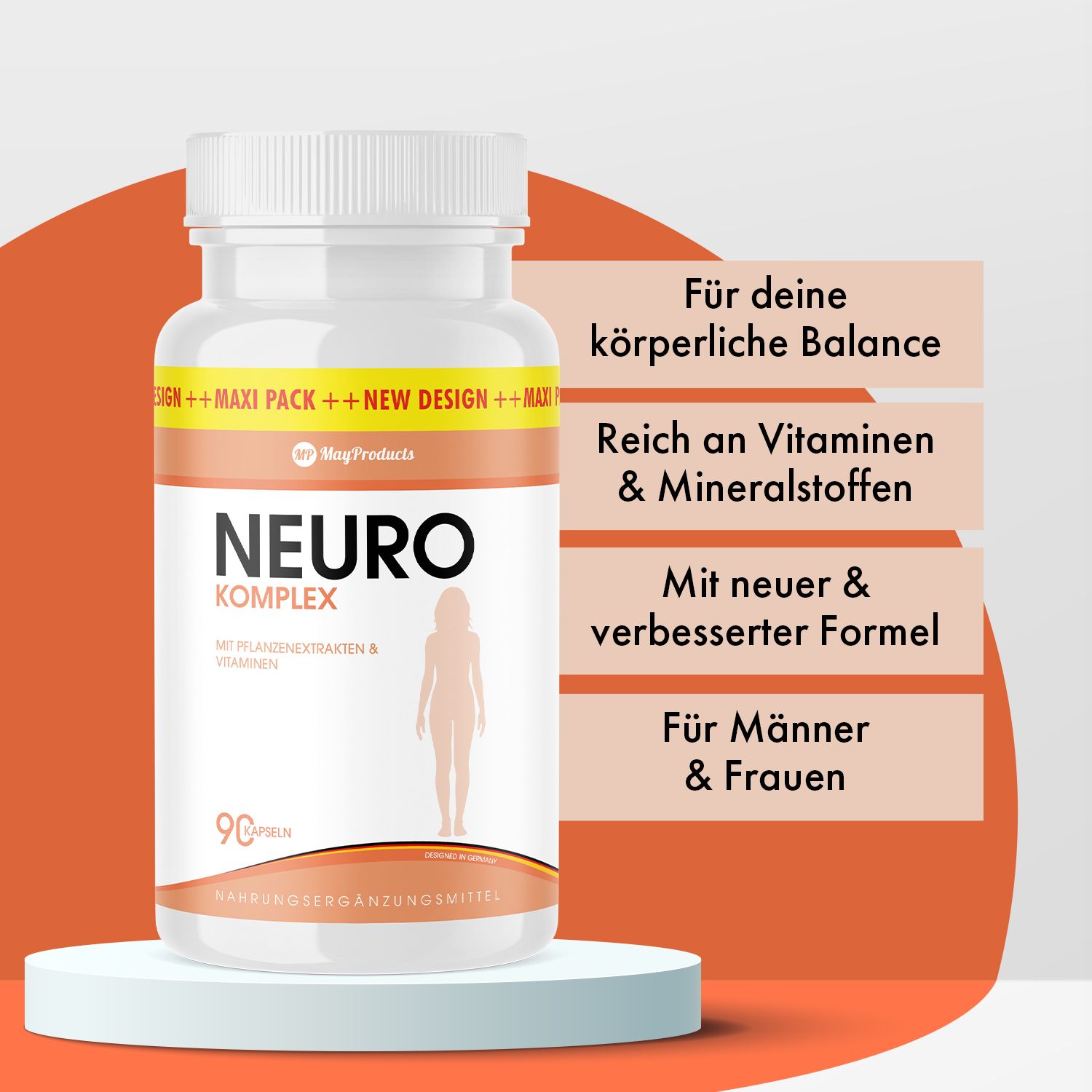 Weiße Flasche mit Kapseln. Aufschrift: NEURO KOMPLEX. Mit Pflanzenextrakten & Vitaminen. 90 Kapseln. Text auf orangefarbenem Hintergrund.
