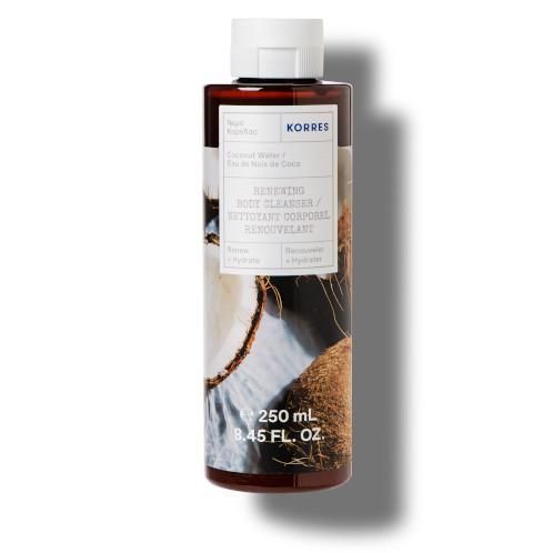 KORRES Revitalisierendes Duschgel Coconut Water. Braune Flasche mit weißem Deckel. Produktetikett mit Text. 250 ml.