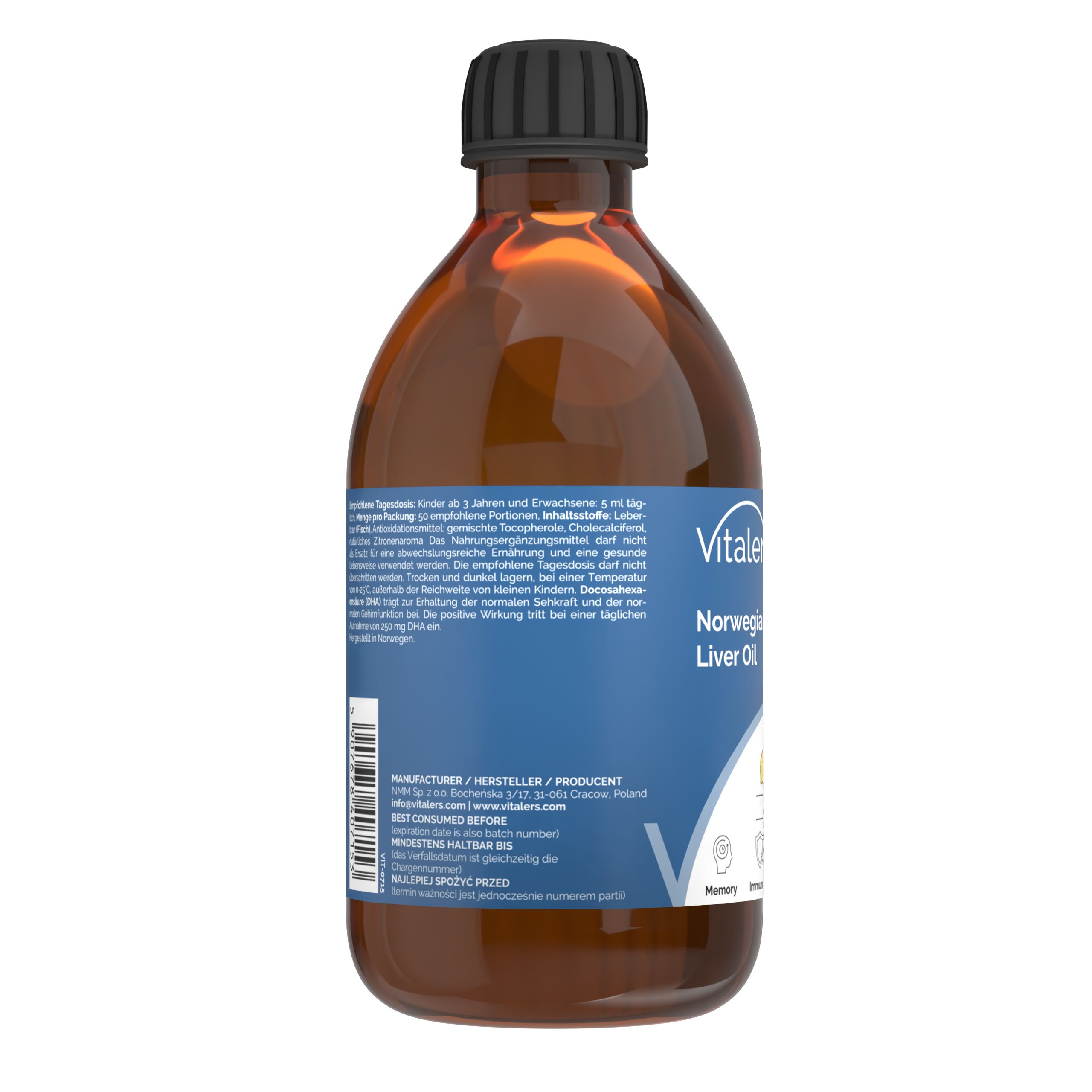 Vitaler’s Omega-3 Lebertran, Vitamine D und E, Zitronengeschmack