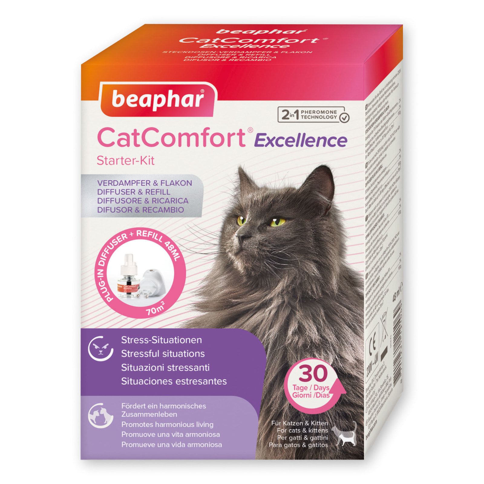 Verpackung von Beaphar CatComfort Excellence Starter-Kit. Enthält Diffusor und Flakon. Abgebildet ist eine Katze. Text: 30 Tage.