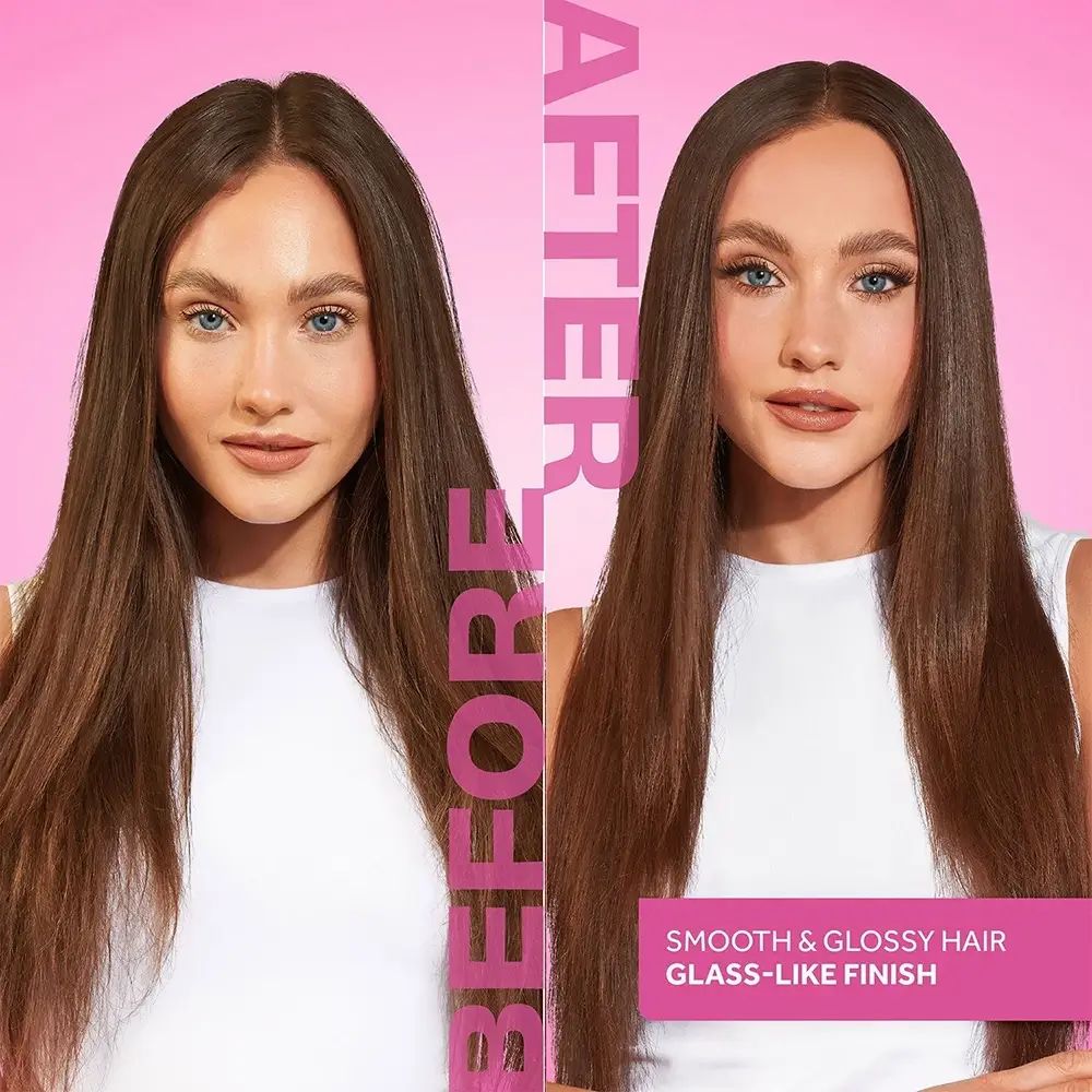 Vorher-Nachher-Bild von glattem, glänzendem Haar. Text: Smooth & Glossy Hair, Glass-Like Finish. Rosa Hintergrund.