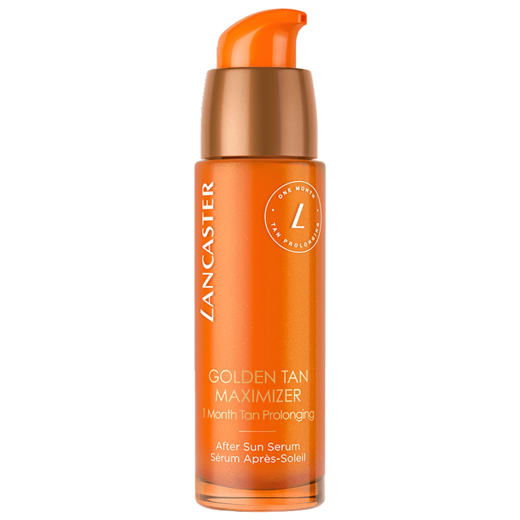 Lancaster Golden Tan Maximizer After Sun Serum in orangefarbener Flasche mit Pumpspender.