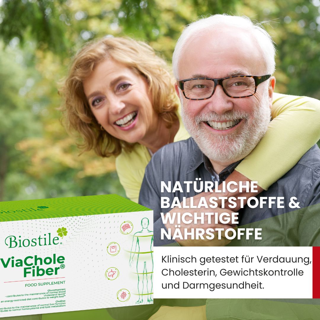 Älteres Paar lächelt. Biostile ViaChole Fiber-Verpackung. Text: Natürliche Ballaststoffe & wichtige Nährstoffe. Klinisch getestet.