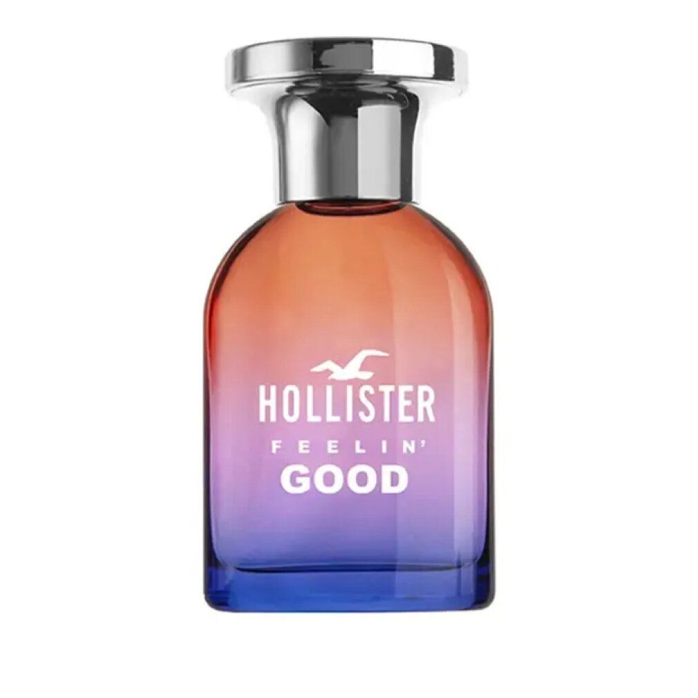 Farbverlauf-Glasflakon mit silbernem Verschluss. Aufschrift: Hollister Feelin' Good. Logo: Möwe.