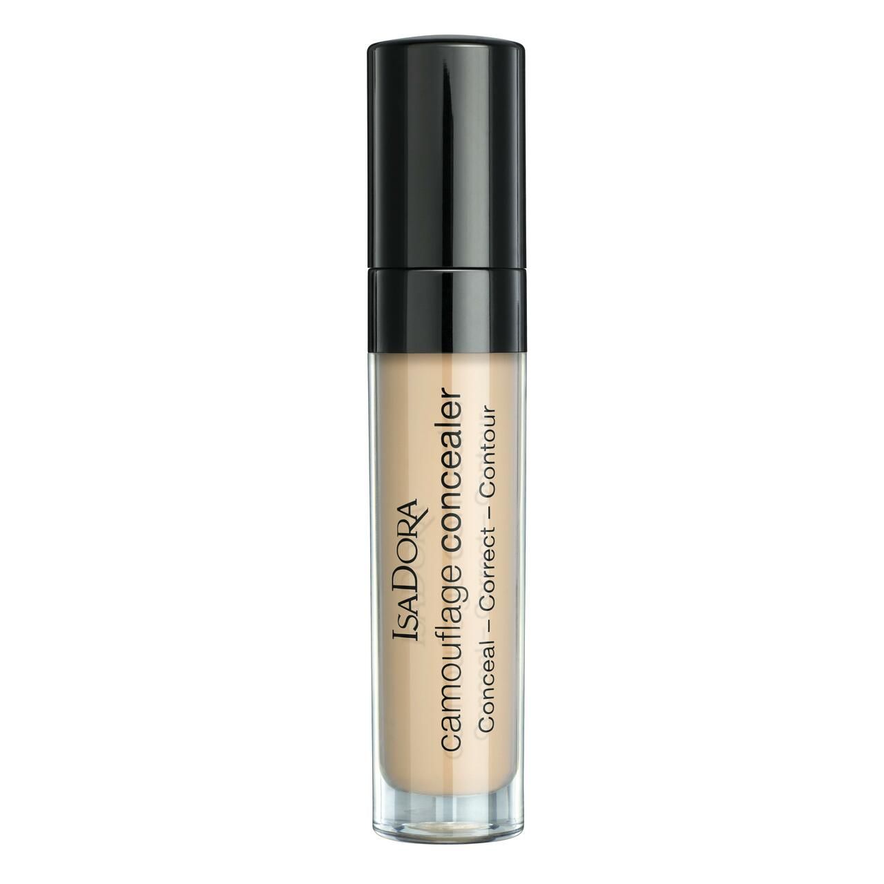 IsaDora Camouflage Concealer. Beige Flüssigkeit in einer transparenten Flasche mit schwarzem Deckel. Text: Camouflage concealer, Correct - Contour.