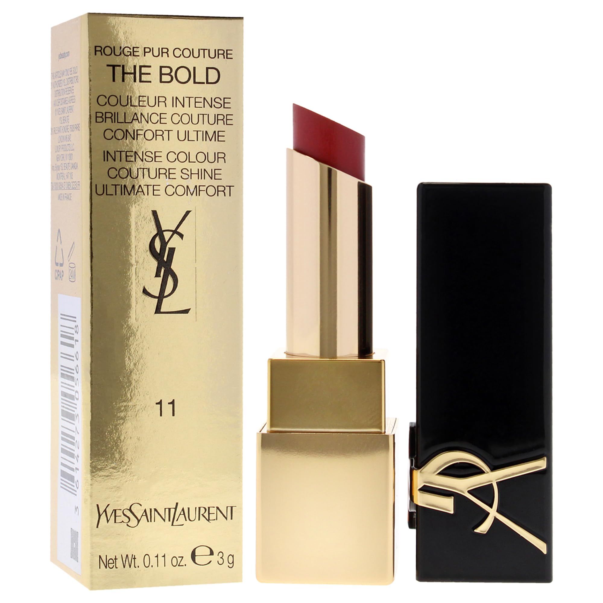 Lippenstift, goldfarbenes Gehäuse, schwarze Kappe mit Logo, goldene Verpackung. Produktname und Marke sichtbar.