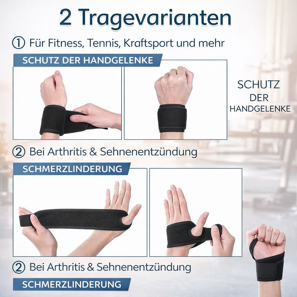 Zwei Tragevarianten der Handgelenkbandage. Für Fitness, Tennis, Kraftsport und bei Arthritis & Sehnenentzündung. Schutz der Handgelenke.