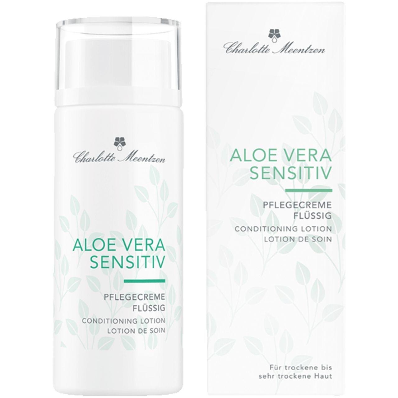 Flasche und Verpackung. Aufschrift: Charlotte Meentzen, Aloe Vera Sensitiv, Pflegecreme flüssig, Conditioning Lotion, Lotion de soin. Für trockene bis sehr trockene Haut.