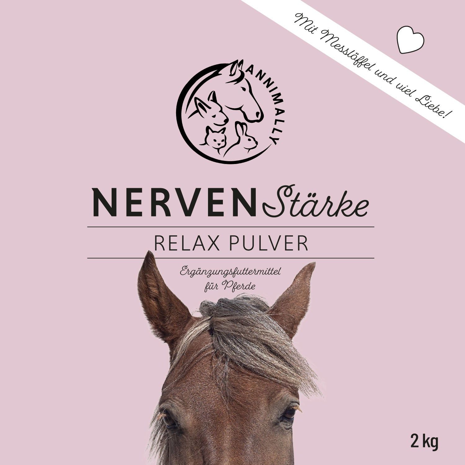 Rosa Verpackung mit Produktnamen NervenStärke Relax Pulver. Logo mit Pferd, Hase und Kaninchen. 2 kg.