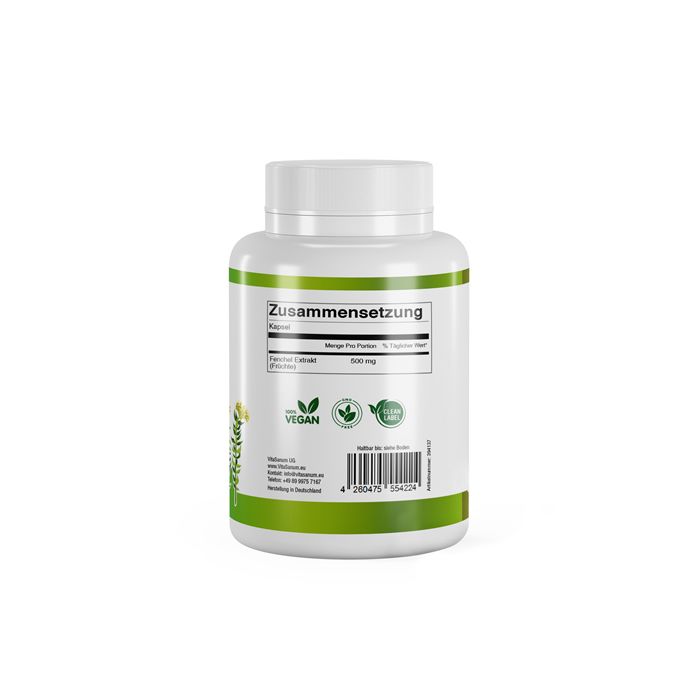 Witte fles met groen etiket. Opschrift: Samenstelling, Vegan-logo, barcode.