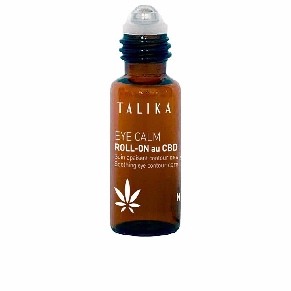 Braune Glasflasche mit Roll-on-Applikator. Aufschrift: TALIKA EYE CALM ROLL-ON au CBD. Weißes Hanfblatt-Symbol.
