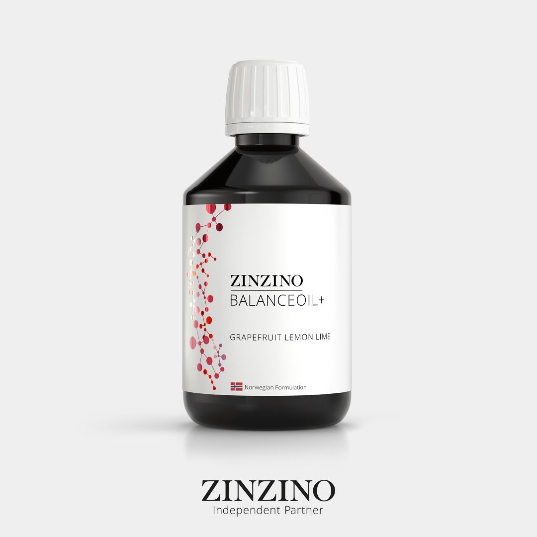 Schwarze Flasche mit weißem Etikett. Aufschrift: Zinzino BalanceOil+, Grapefruit Lemon Lime. Logo unten.