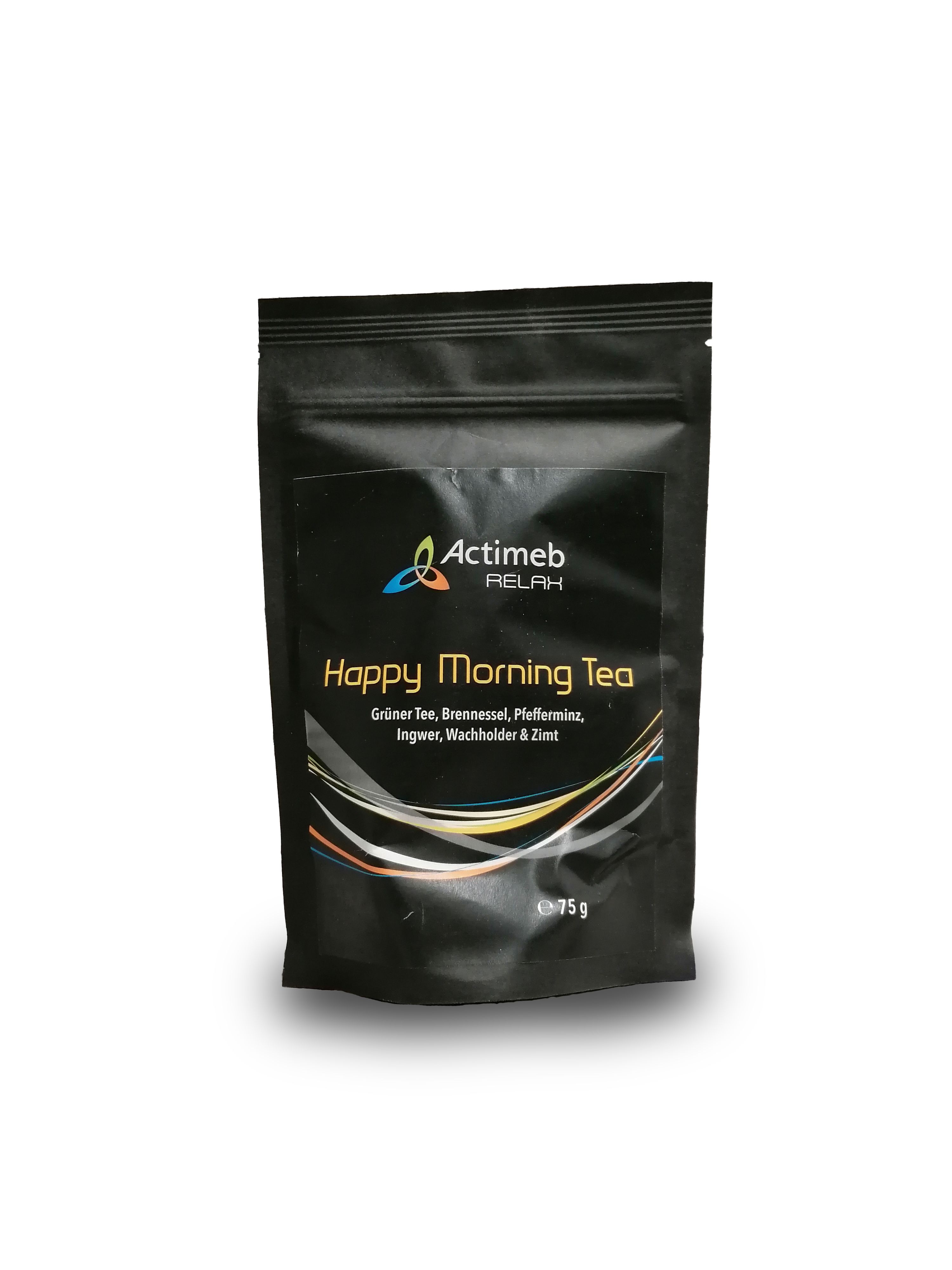 Schwarzer Beutel mit Aufschrift "Actimeb RELAX Happy Morning Tea". Enthält Grüntee, Brennessel, Pfefferminze, Ingwer, Wachholder & Zimt.