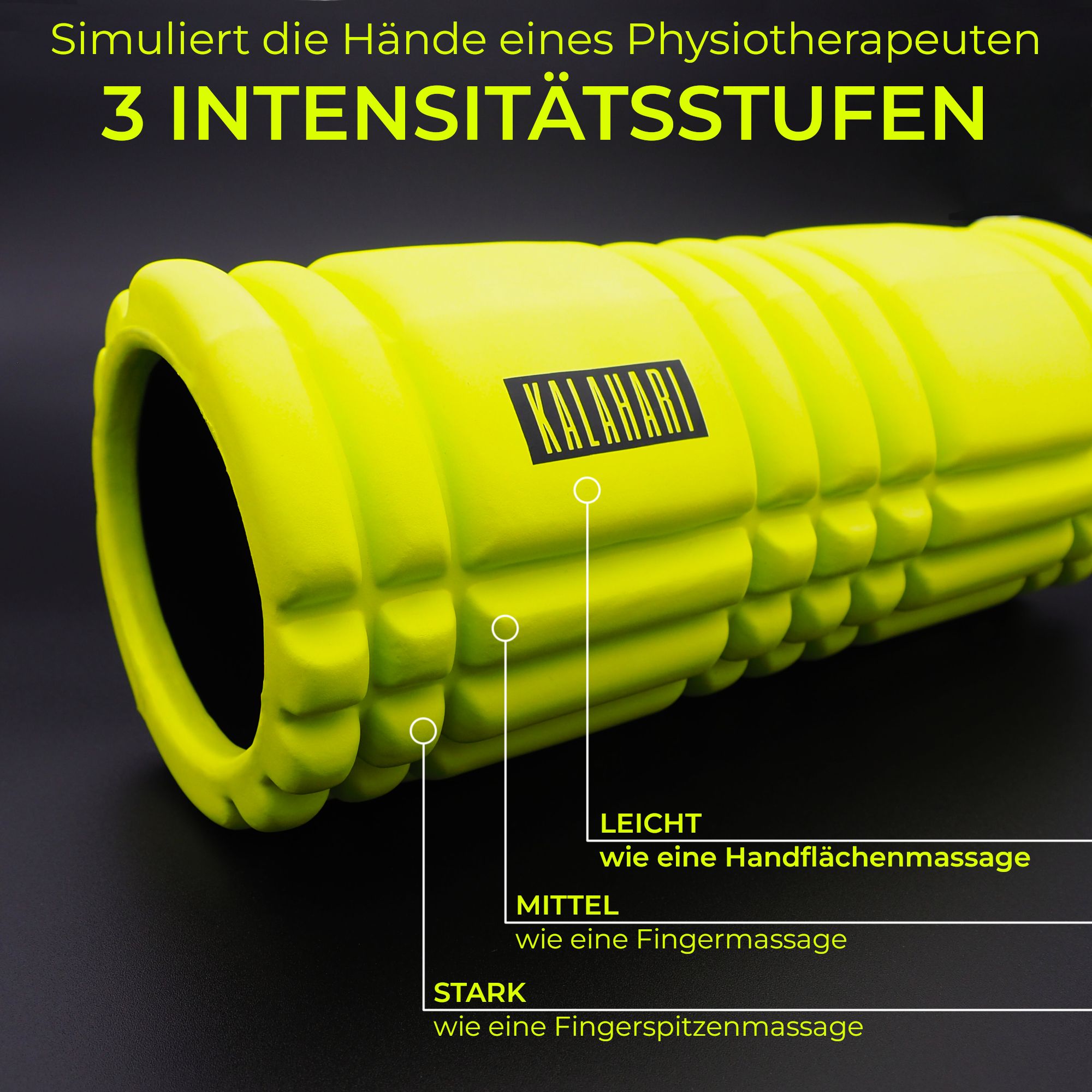 Gelbe Faszienrolle mit Markierungen für 3 Intensitätsstufen.