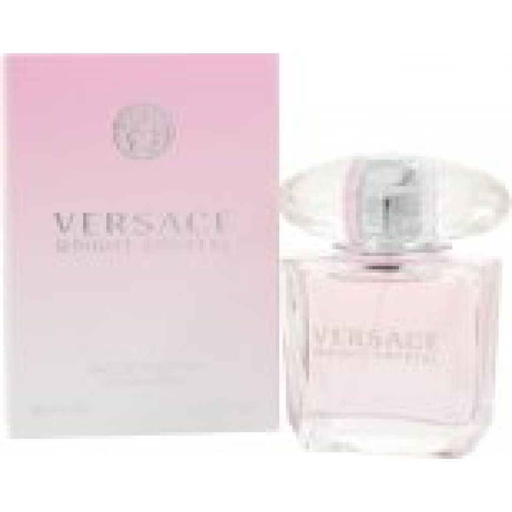Versace Bright Crystal Eau de Toilette Spray. Rosa Flakon und Verpackung. Kristallkappe. Logo und Schriftzug.