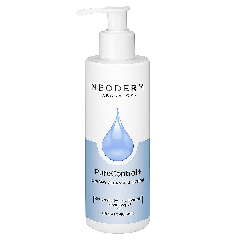 Weiße Flasche mit Pumpe. Aufschrift: NEODERM LABORATORY, PureControl+, Creamy Cleansing Lotion. Für trockene, atopische Haut.