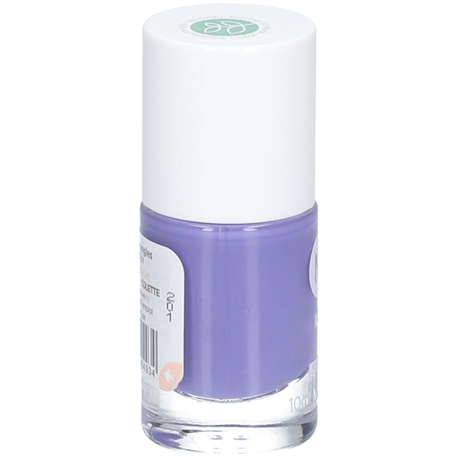Nagellackflasche mit pervanche-blauer Farbe. Weißer Deckel mit grünem Logo. Aufkleber mit Produktinformationen.