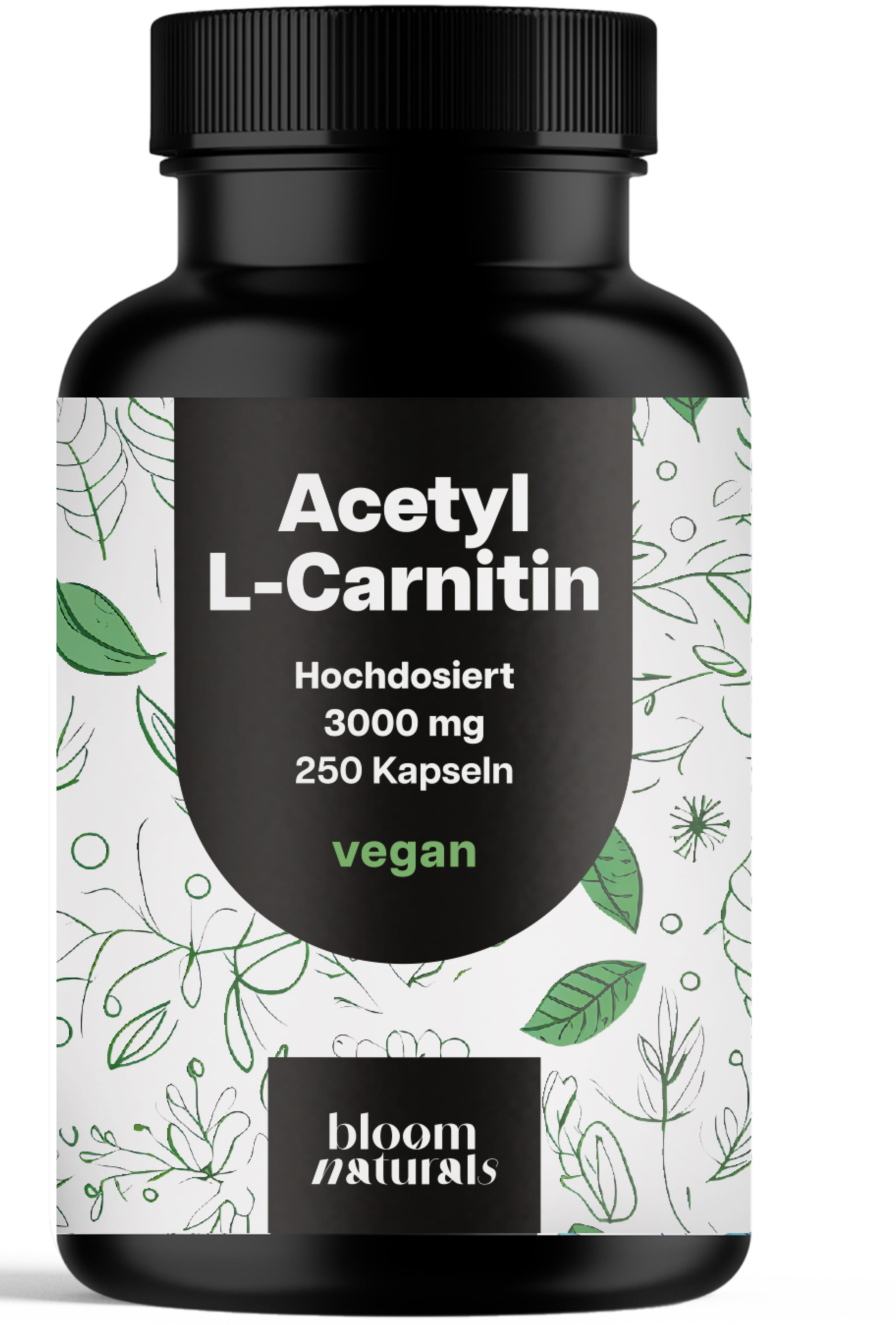 Schwarze Flasche mit Etikett. Aufschrift: Acetyl L-Carnitin, 3000 mg, 250 Kapseln, vegan. Marke: bloom naturals.