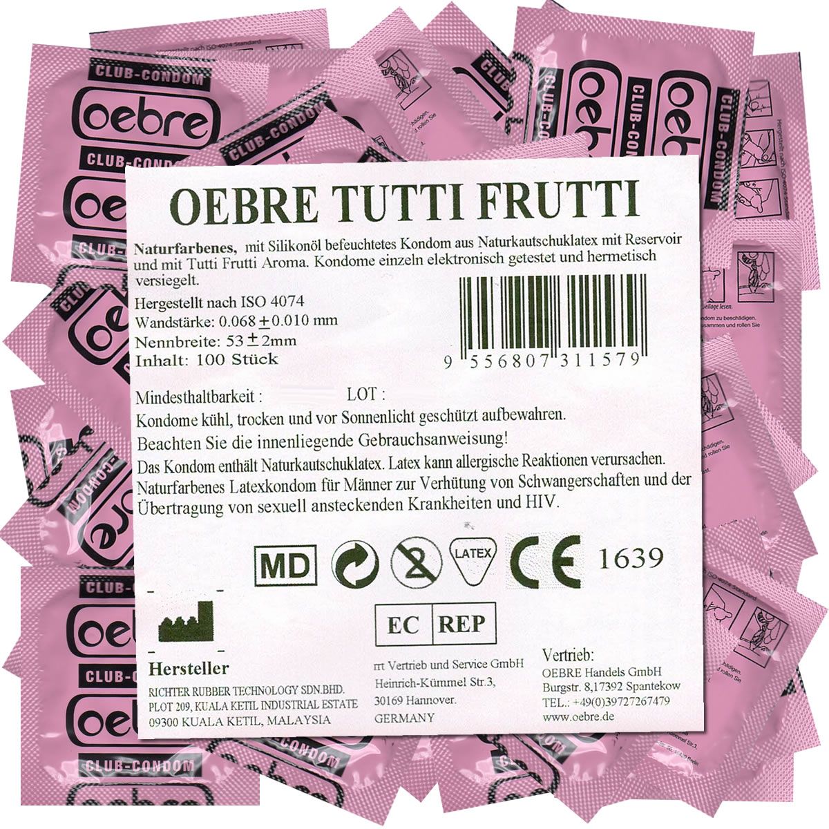 Rosa Kondomverpackungen mit Text. Oebre Tutti Frutti. CE-Kennzeichnung. 100 Stück. Latex.