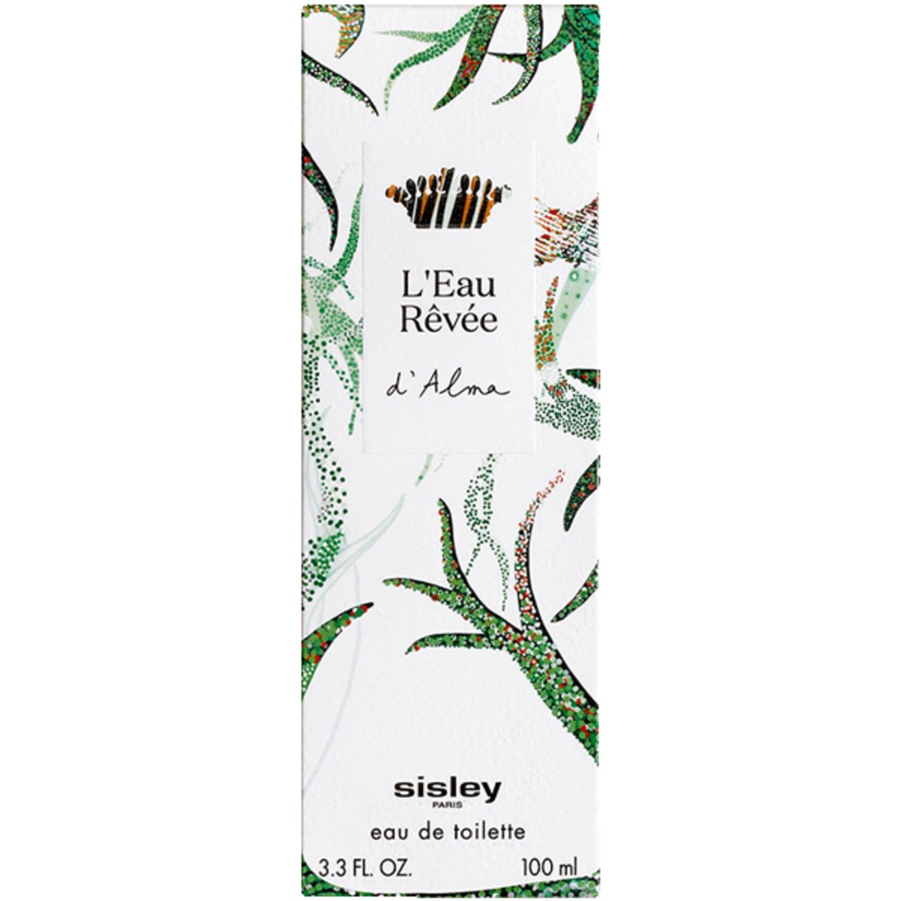 Nahaufnahme der Verpackung. Floralmuster, Schriftzug: L'Eau Rêvée d'Alma, Sisley, Eau de Toilette.