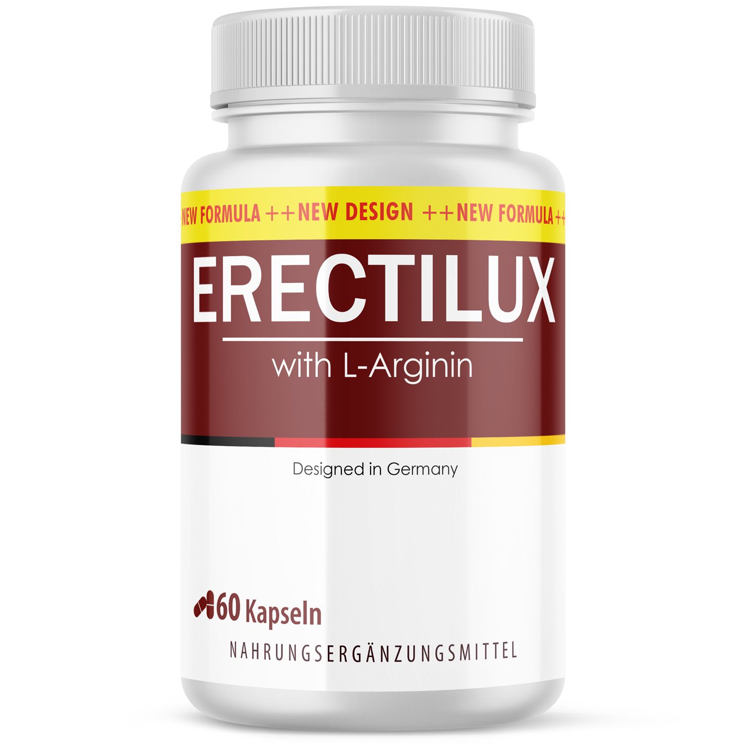 Weiße Flasche mit Kapseln. Aufschrift: ERECTILUX with L-Arginin. 60 Kapseln. Nahrungsergänzungsmittel. Hergestellt in Deutschland.