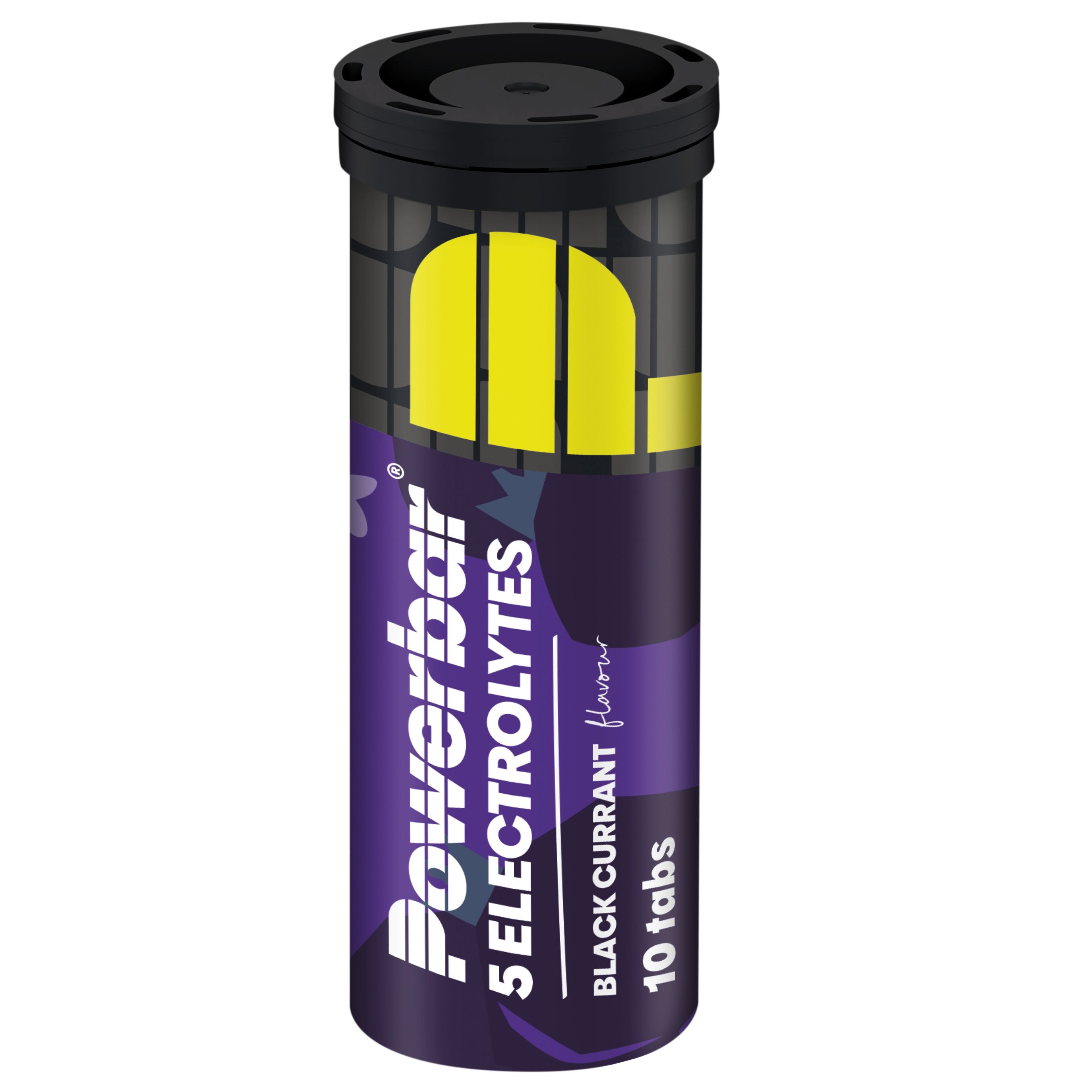Powerbar-Tube mit 5 Elektrolyten, schwarze Johannisbeere. 10 Tabletten. Schwarzer Deckel.