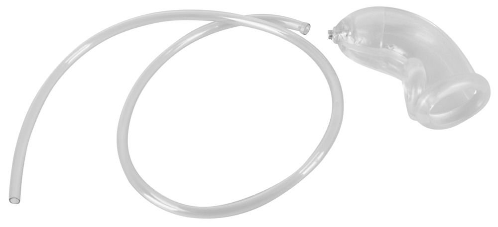 Transparentes, flexibles Produkt mit gebogener Form und Schlauch. Detailansicht.