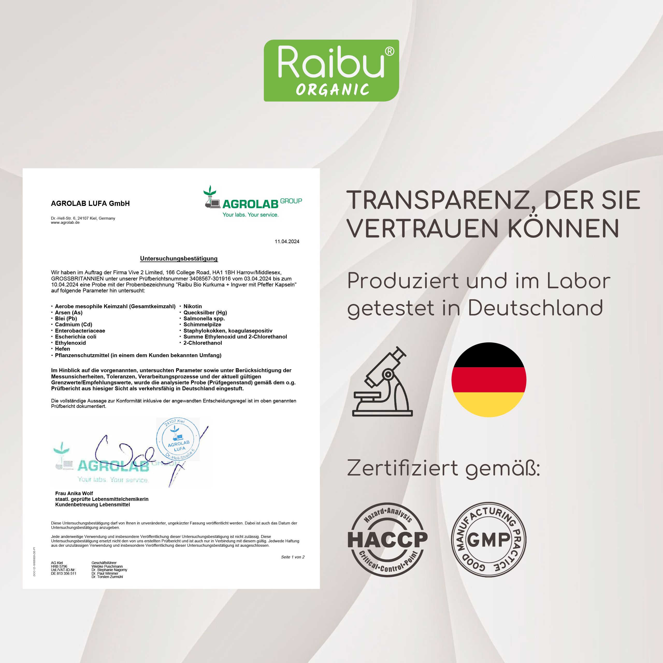 Zertifikat von Agrolab LUFA GmbH. Text: Transparenz, der Sie vertrauen können. Deutsches Siegel.