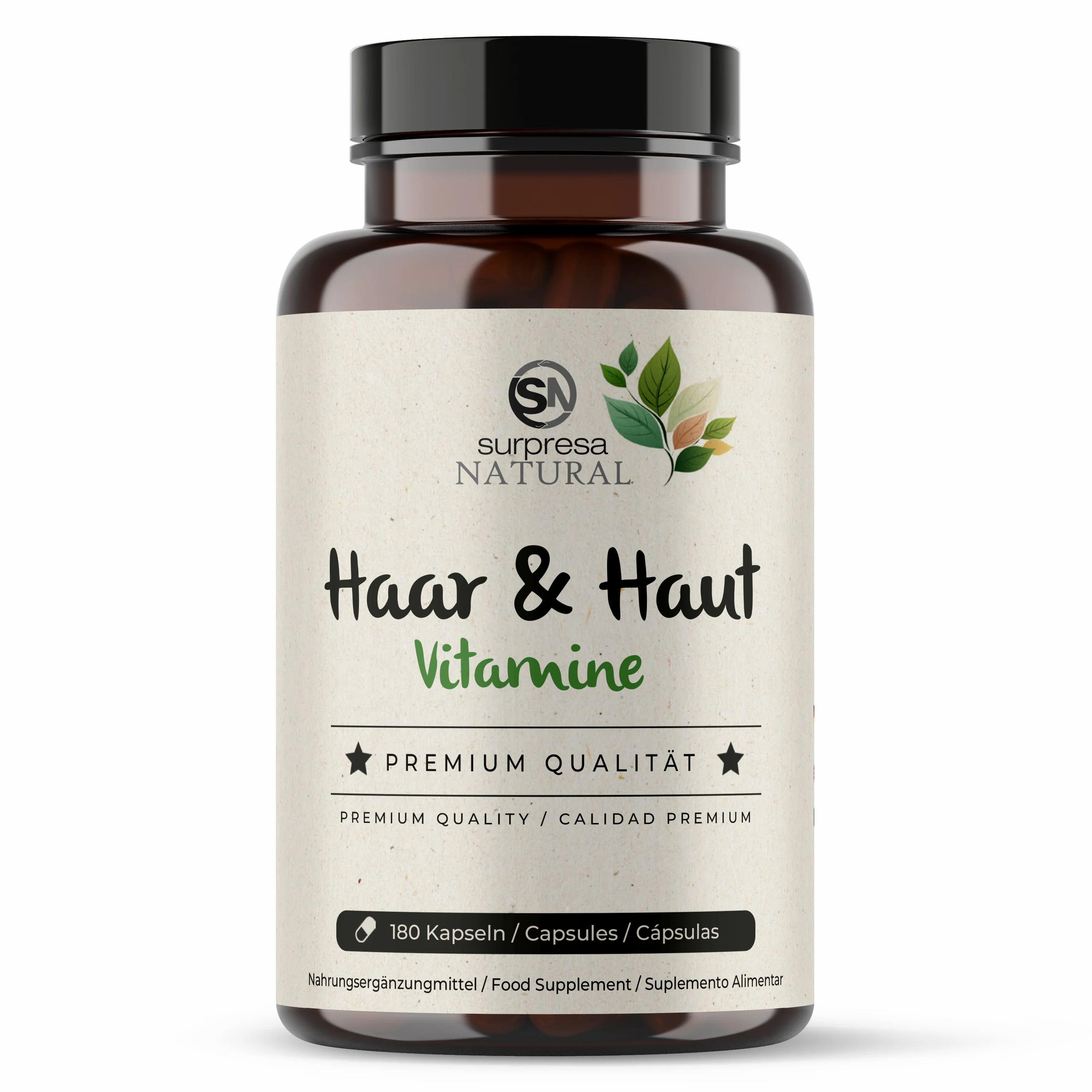 Braune Flasche mit Etikett. Aufschrift: Surpresa Natural Haar & Haut Vitamine. Enthält 180 Kapseln. Premium Qualität.